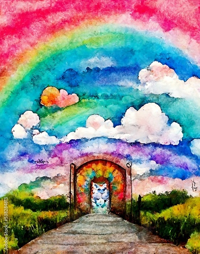 Katze vor Portal zum Regenbogenland, made by ai, künstliche Intelligenz photo