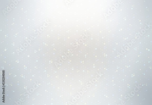 Subtle triangle irregular pattern on white pearlescent glowing background. Light stainless geometric abstract backdrop. Dots and twinkles plexus.