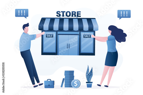 Conflict, fight over business, territory, or trademarks. Two business people pull building each other to fight or want to get a shop. Acquisition, property dispute. Quarrel and problems.