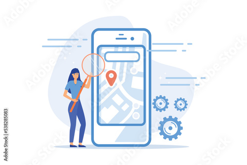 Monitoring software, navigation mobile app, gps tracking application, anti-theft soft, kids parental control, spy tool abstract metaphor, flat vector modern illustration