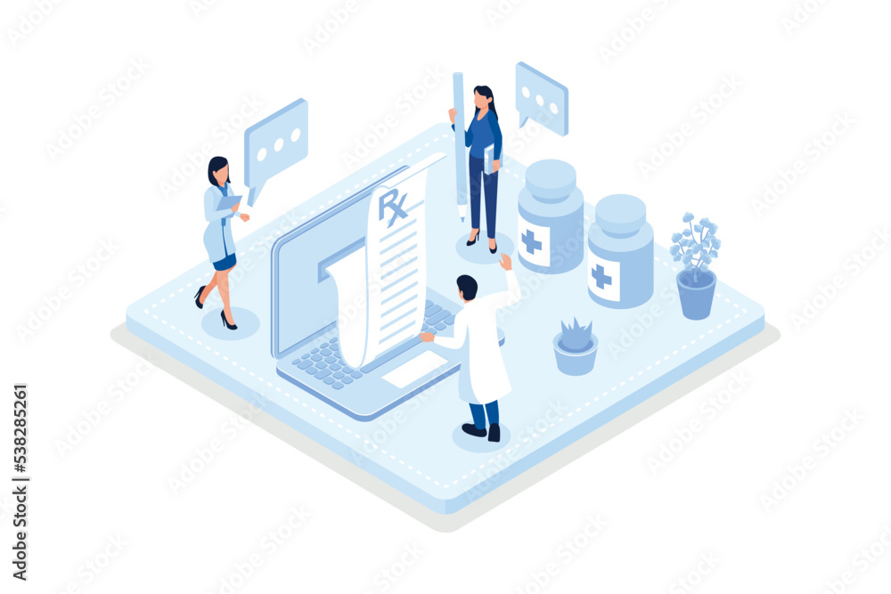 Medical, Doctor presenting health insurance services, isometric vector modern illustration Medical, Doctor presenting health insurance services, isometric vector modern illustration