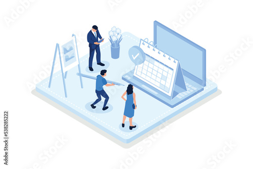 Business management illustration set. Characters planning work tasks, managing inbox emails, making schedule using calendar. Time, schedule and email management concept. Vector illustration isometric 