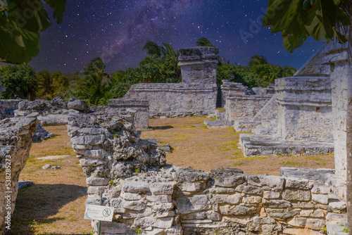 The castle  Mayan Ruins in Tulum  Riviera Maya  Yucatan  Caribbean Sea Mexico with Milky Way Galaxy stars night sky