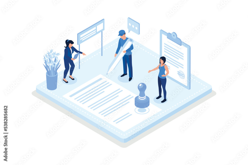 Contracts, Characters signing legal document, isometric vector modern illustration Contracts, Characters signing legal document, isometric vector modern illustration