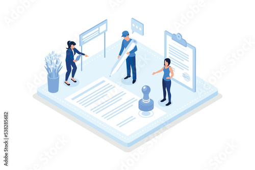 Contracts, Characters signing legal document, isometric vector modern illustration