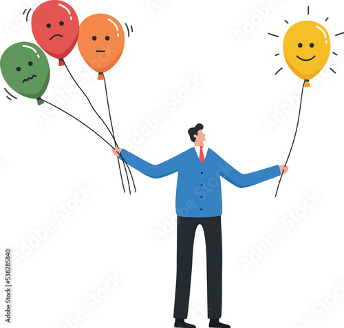 Ability to manage their emotions. Emotional control and self regulation. Emotion regulation and depression management. a man holding balloons with emotion face. photo