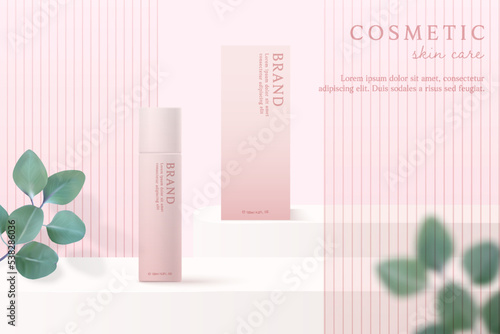 Cosmetics and skin care product ads template on pink background with leaves.