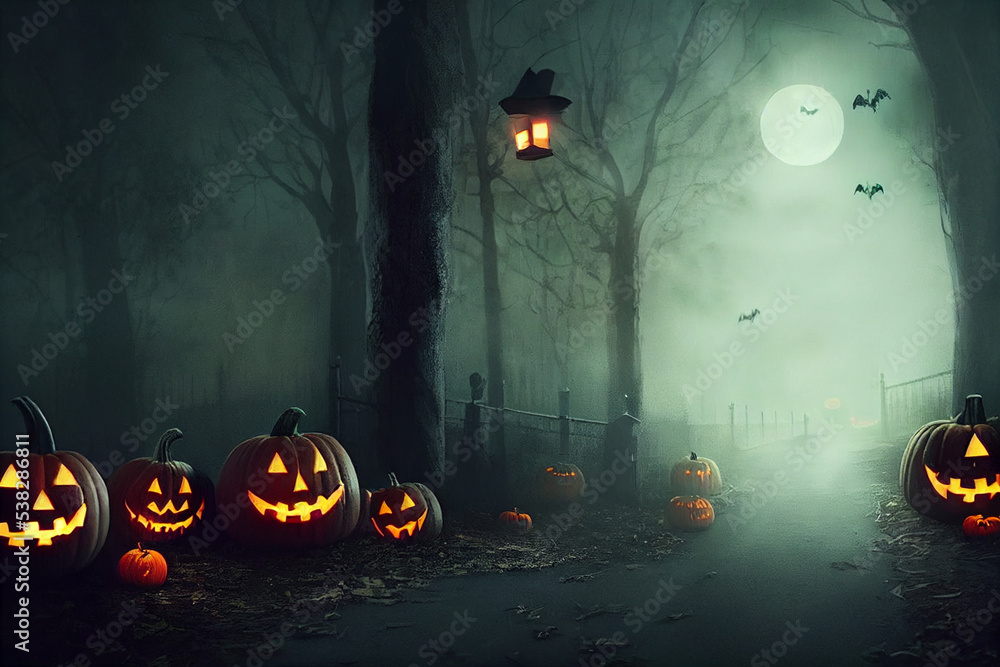 Spooky halloween background with pumpkins