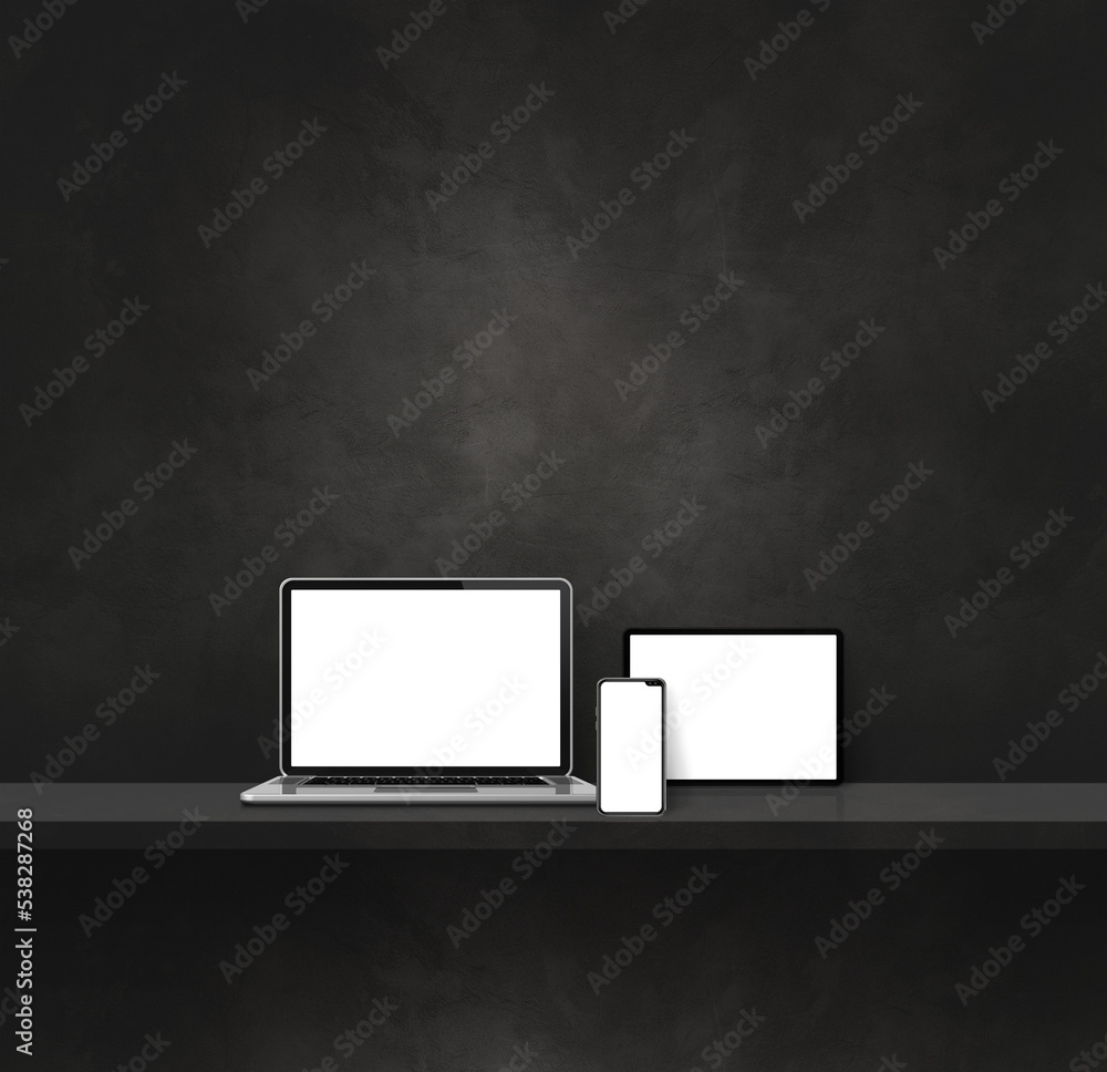 Laptop, mobile phone and digital tablet pc on black wall shelf. Square background Laptop, mobile phone and digital tablet pc on black wall shelf. Square background