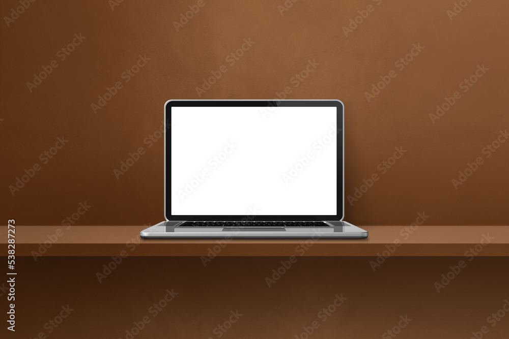 Laptop computer on brown shelf background Laptop computer on brown shelf background