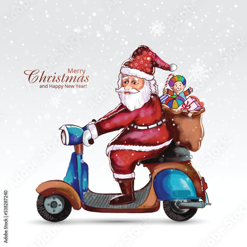 Merry christmas and happy new year with santa claus on riding a scooter card background © Harryarts