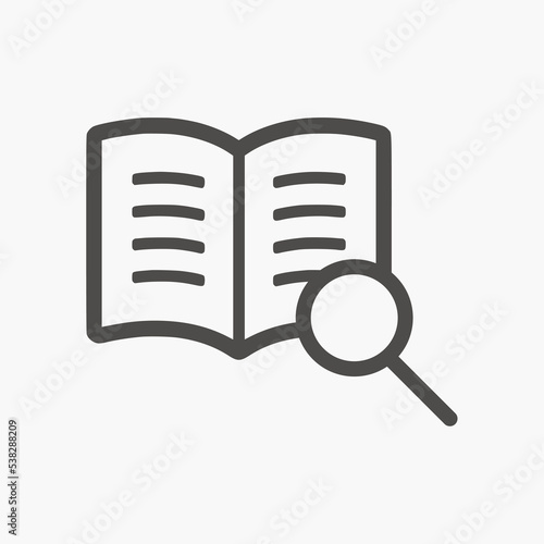 Magnifier glass and book icon vector isolated on white background. Search button for web pages. Vector illustration. Book search, library symbol. 