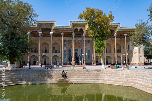 View of the ancient Bolo-Hauz mosque on a sunny day. Bukhara, Uzbekistan