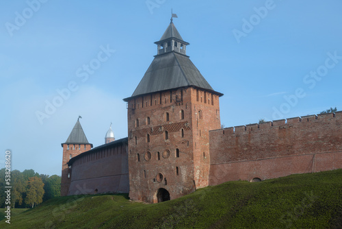 September morning at the ancient walls of the Kremlin of Veliky Novgorod. Russia
