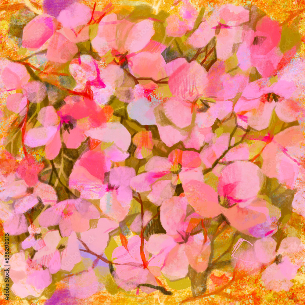 Spring blurred paint pattern of branches of a spring flowering tree Pink and yellow natural garden shades Hand drawn art sketch, drawing Layered spots, blots, splashes, smudges and strokes Spring blurred paint pattern of branches of a spring flowering tree Pink and yellow natural garden shades Hand drawn art sketch, drawing Layered spots, blots, splashes, smudges and strokes