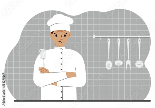 Sad cook man holds a kitchen spatula in his hand. Vector