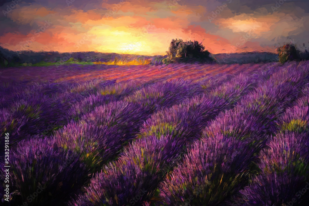 Fototapeta premium Beautiful purple lavender field at sunset. Painting effect.