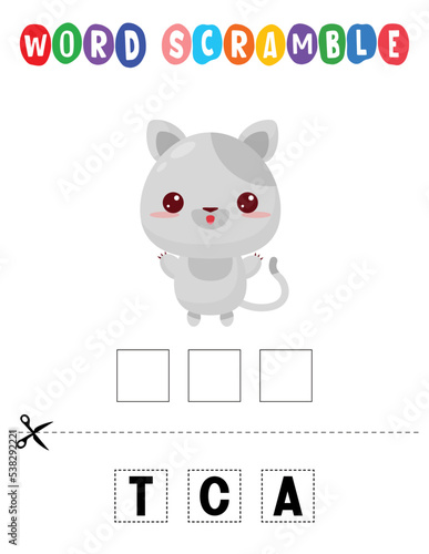 Cat Word scramble . Educational game for kids. English language spelling worksheet for preschool children