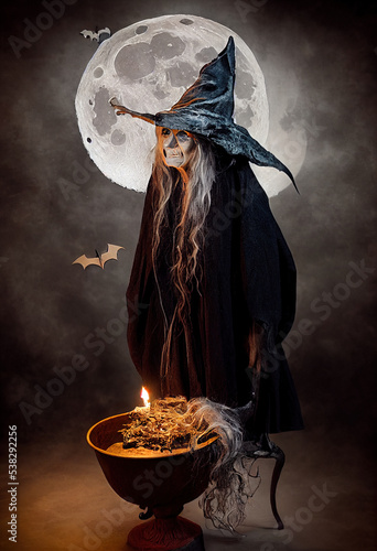 Tablou canvas Olde Crone witch under a full moon