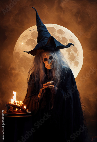 Fotografie, Tablou Olde Crone witch under a full moon