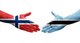 Handshake between Botswana and Norway flags painted on hands, isolated transparent image.