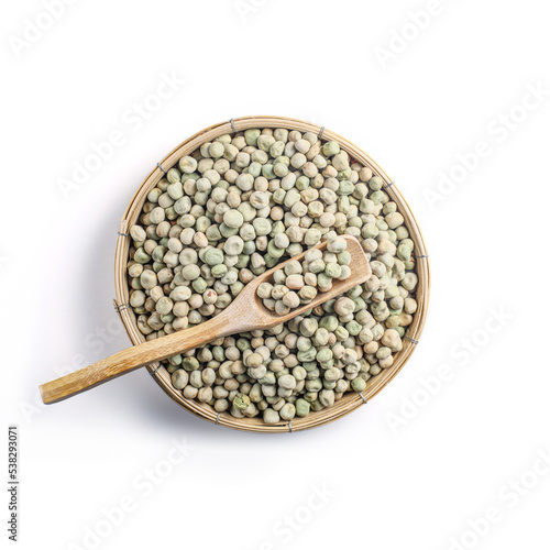 Green Pea (Green Matar, Sweet peas). Garden peas in threshing basket photo