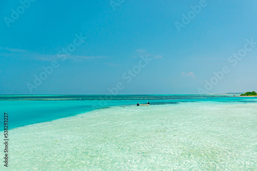 The beauty of the beaches and seas of the Maldives islands that attract tourists from all over the world, tropical islands with white sand and clear sea water in the Maldives