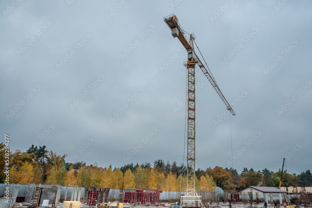 Column formwork and crane on house construction. Stock Photo Adobe Stock