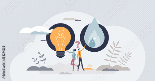 Gas vs electric heating comparison or usage for household utilities tiny person concept. Appliances using electricity or methane power as effective and cheaper resources supply vector illustration.
