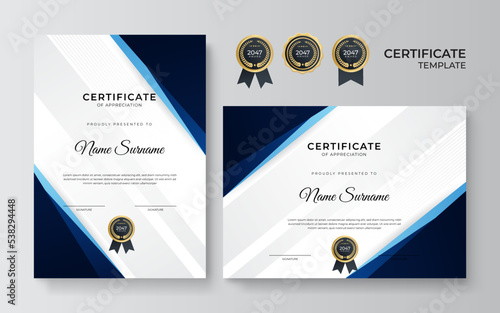 Modern blue and gold certificate template design for business and achievement award with gold badge