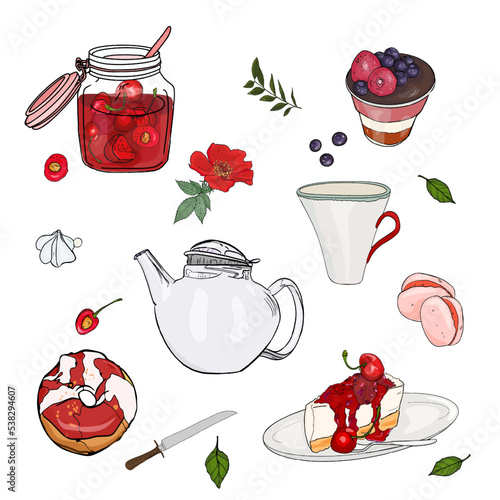 Cherry, tea, cups, teapot, lemons, cookies, midnight desserts - cupcake, toast, jam. Summer vitamins. Cake and jam with fresh fruit. Food and diets, special menu. Vector illustration, menu, logo.