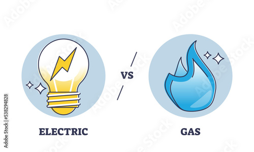 Gas vs electric utilities resources consumption comparison outline diagram. Labeled compared electricity and natural burning usage for household appliances vector illustration. Benefits and advantages