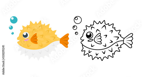 Cute smiling pufferfish with bubbles in color and outline version. Cartoon exotic tropical fish. Isolated on white background. Flat vector illustration