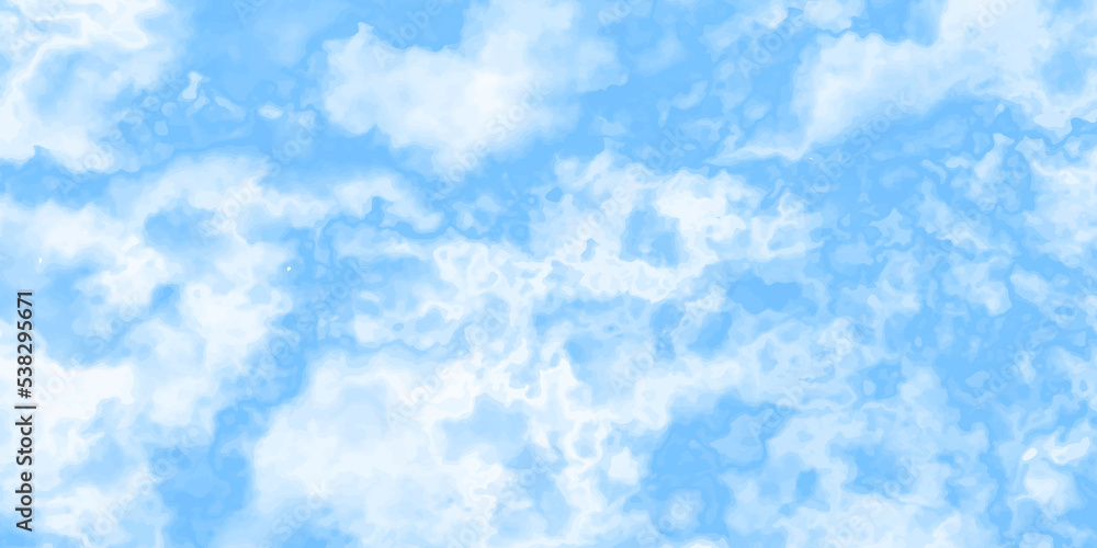 blue sky with clouds. Light sky blue shades watercolor background. Sky Nature Landscape Background. sky background with white fluffy clouds.>< - obrazy, fototapety, plakaty 