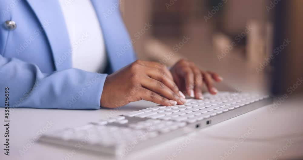 Hands, typing and keyboard with a business woman at work at her desk on a report or email in the office. Computer, writing and internet with a female employee busy while working on a desktop Hands, typing and keyboard with a business woman at work at her desk on a report or email in the office. Computer, writing and internet with a female employee busy while working on a desktop