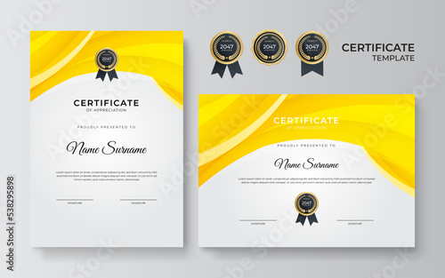 Modern orange and yellow certificate template design for business and achievement award with gold badge