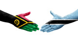 Handshake between Botswana and Vanuatu flags painted on hands, isolated transparent image.