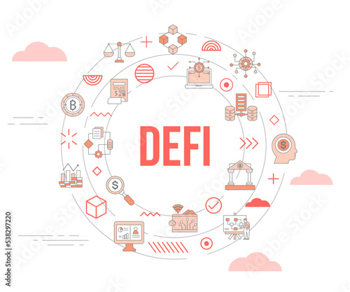 defi decentralized finance concept with icon set template banner and circle round shape