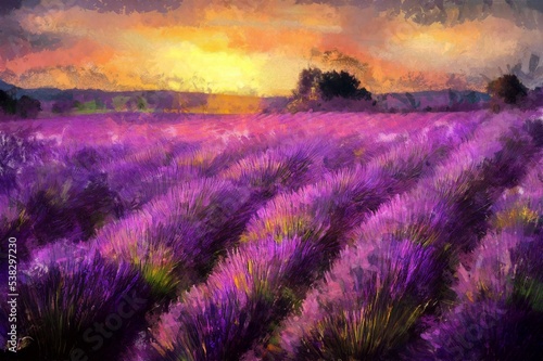 Beautiful purple lavender field at sunset. Painting effect.