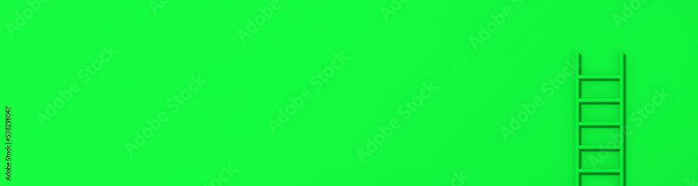 Green staircase on green background. Staircase stands vertically near wall. Way to success concept. Banner for insertion into site. Place for text cope space. 3d image. 3D rendering. Green staircase on green background. Staircase stands vertically near wall. Way to success concept. Banner for insertion into site. Place for text cope space. 3d image. 3D rendering.