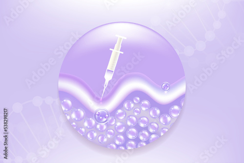 Hyaluronic acid skin solutions ad, purple collagen serum injection, cosmetic advertising background ready to use, illustration vector.