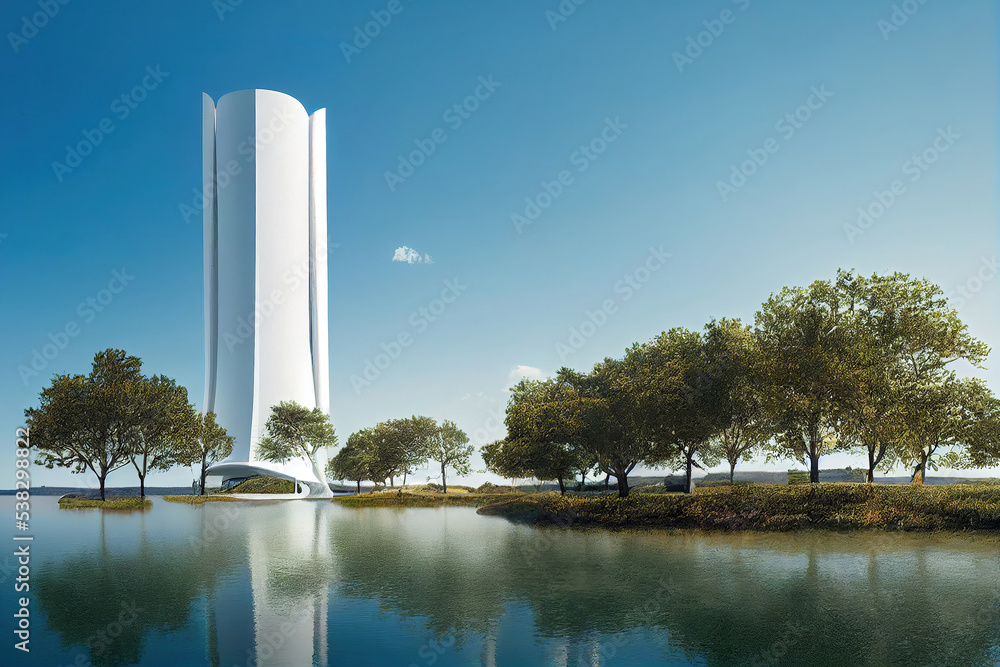 Beautiful minimalistic organic architecture concept design, futuristic white tower, white skyscraper, clean blue sky, healthy green environment