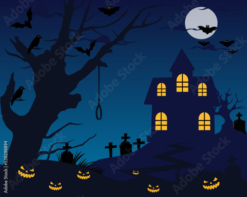 Haunted house for Halloween Party house with pumpkin, full moon. Halloween night background. vector illustration.