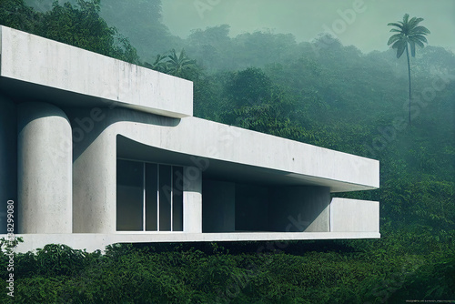 Beautiful organic architecture concept design, luxury minimalistic white building in lush green rainforest jungle, natural organic shapes, greenery
