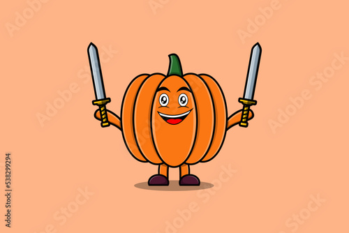 Cute cartoon Pumpkin character holding two sword in 3d modern design illustration