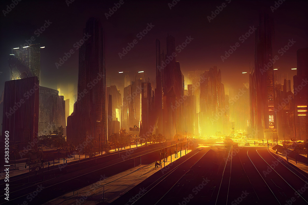 Futuristic city with skyscrapers, traffic light, neon lights, utopistic cyberpunk dark mood Futuristic city with skyscrapers, traffic light, neon lights, utopistic cyberpunk dark mood