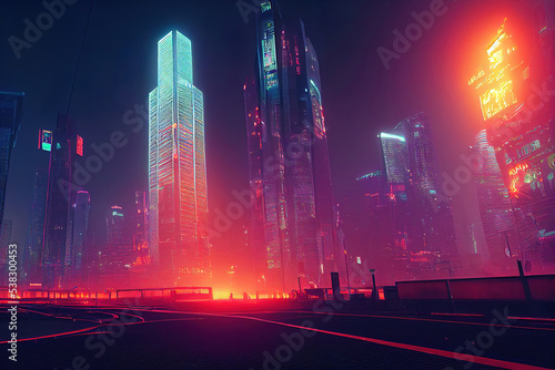 Futuristic city with skyscrapers, traffic light, neon lights, utopistic cyberpunk dark mood photo