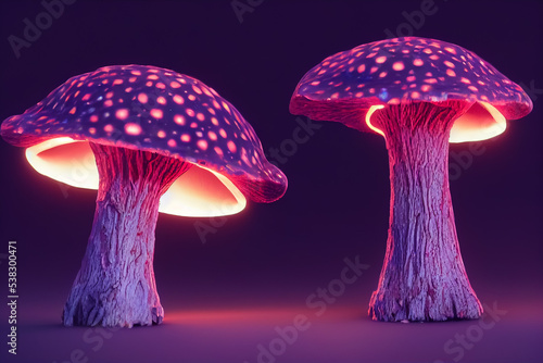 Magic Mushrooms with neon lights , purple colorful trippy concept, background photo