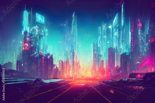 Futuristic city with skyscrapers, traffic light, neon lights, utopistic cyberpunk dark mood