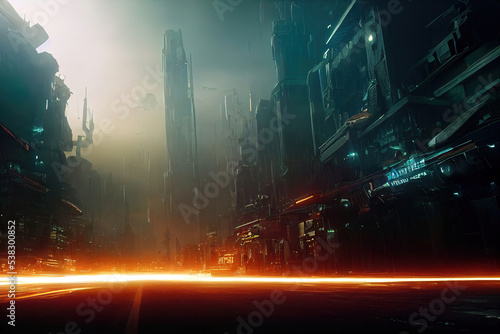Futuristic city with skyscrapers, traffic light, neon lights, utopistic cyberpunk dark mood © Gbor